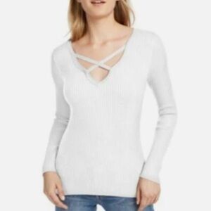 Hippie Rose Juniors’ Crisscross Straps Neckline Ribbed Sweater - White‌‌